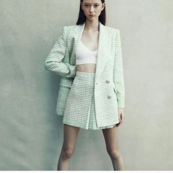 ZARA 2 Piece Textured Double Breastex Check Blazer And Structured Skirt - Picture 12 of 12